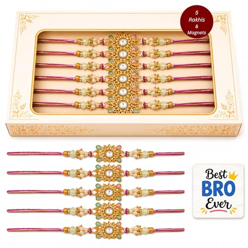 Image of eCraftIndia Pack of 5 Beautiful Floral Designer Rakhi for Brother Bhaiya Bhai Kids Boy | 5 Best Bro Ever Fridge Magnets Gift Combo Set | Roli Chawal Pack | Raksha Bandhan Rakhi Collection