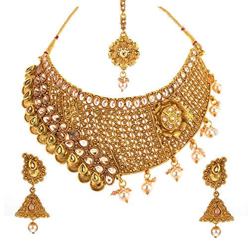 Efulgenz Indian Bollywood Antique Gold Plated Kundan Crystal Faux Pearl Bridal Wedding Choker Necklace Earring Maangtikka Jewelry Set