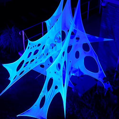 Image of JOYIN 1000sqft Halloween Spider Web Decoration Outdoor, Glow-in-the-Dark Giant Spiderweb, DIY Stretchy Flexible Beef Netting in White (Blue at Night) for Neon Decor Indoor Party Haunted House Prop