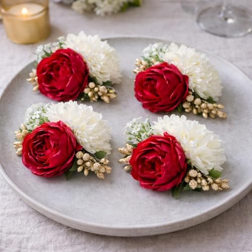 Image of SATYAM KRAFT 18 Pcs Handmade Artificial Peonies Flower Bunch for Hamper, Flower Brooch Hamper, Trousseau Packing, Decoration, Gifting, DIY Craft & Wedding (Red Bunch)