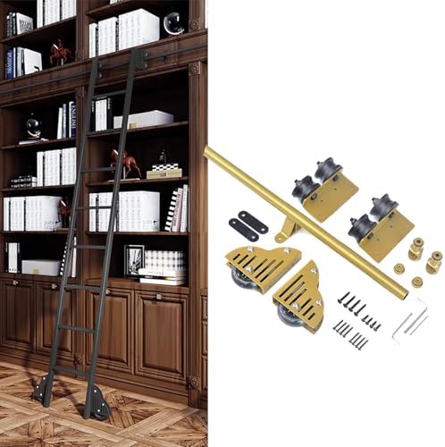 Sliding Library Ladder Hardware Kit - Carbon Steel Rolling Track Rail System with Floor Roller Wheels Adjustable Ladder Accessories for Home & Office Use