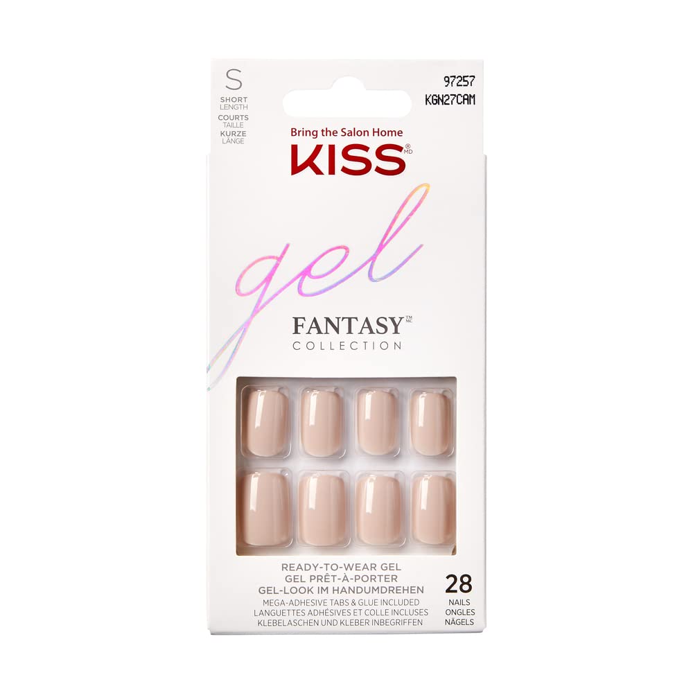 KISS Gel Fantasy Collection - Kit de manicura con pegamento, Just A Fool, uñas postizas cuadradas de longitud media, incluye 28 uñas postizas, pegamento de uñas, lima de uñas y palo de manicura
