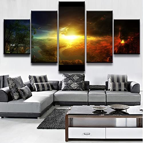 Peinture paysage éruption volcanique 5 pièces art mural chic