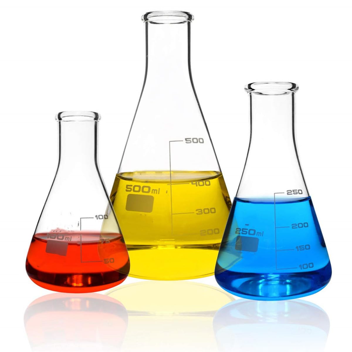 Anneome Juego de 3 Matraces Cónicos de Vidrio Borosilicato Alto | 100 Ml, 250ml y 500ml, Graduaciones Estándar, Fondo Plano para Laboratorio E Investigación