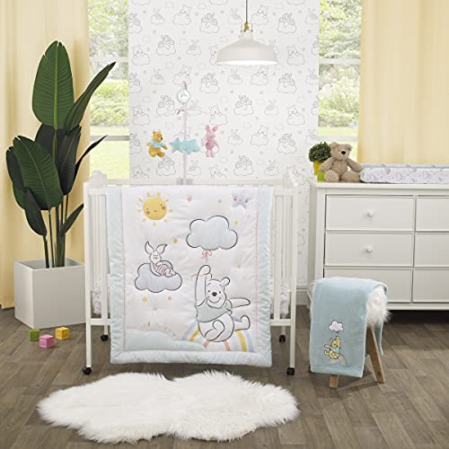 Image of Disney Winnie The Pooh Hello Sunshine White & Aqua Piglet, Rainbow, Clouds, & Sun 3Piece Nursery Mini Crib Bedding Set - Comforter & Two Fitted Mini Crib Sheets, Aqua, White, Yellow, Orange
