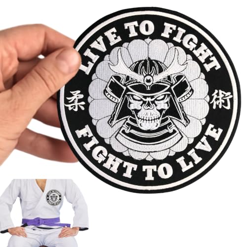 Jiu Jitsu Gi BJJ Patch Live to Fight, Black White Japanese Samurai (4.7")