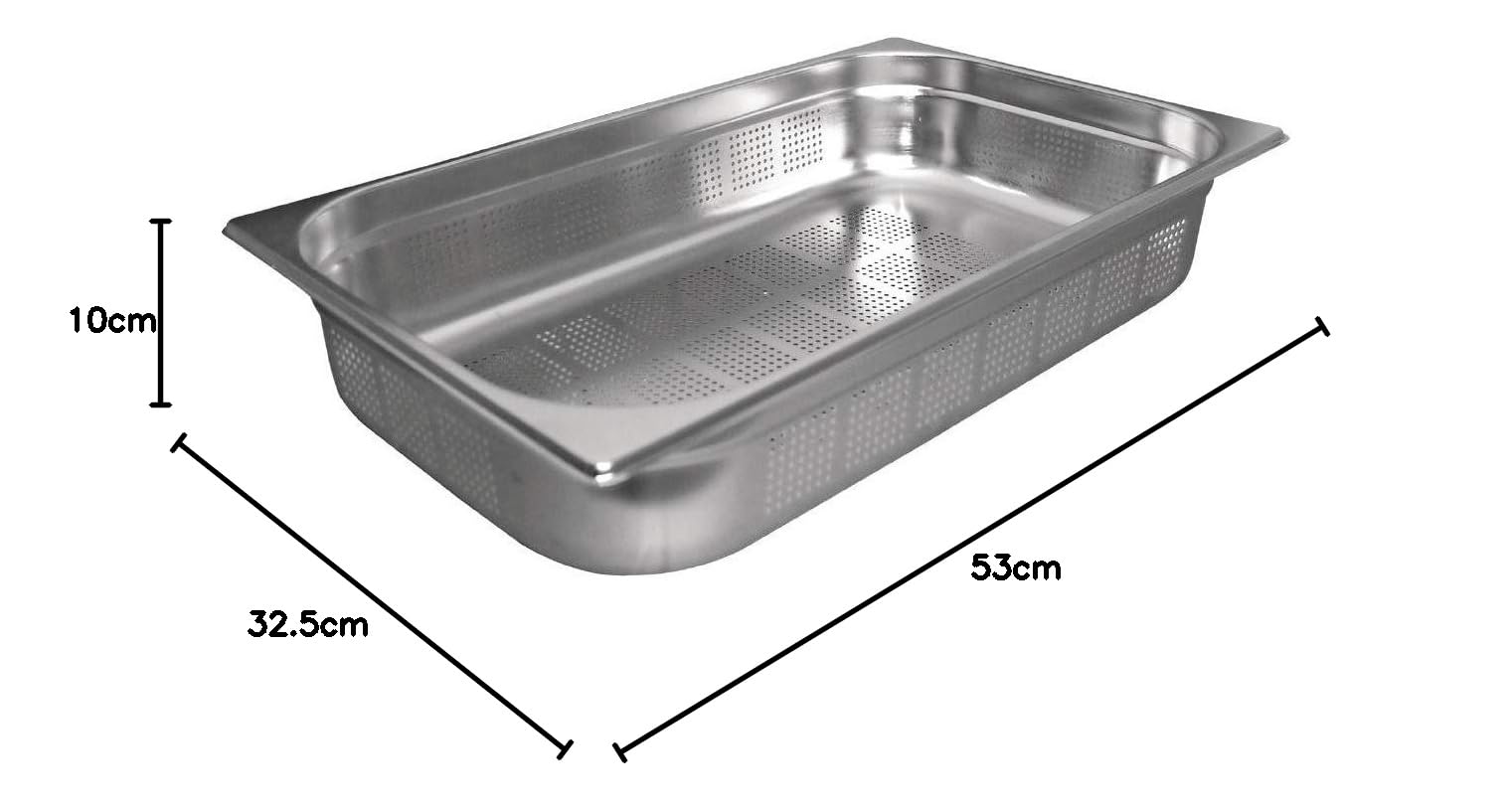 Vogue Perforierter Gastronorm-Behälter 1/1 aus Edelstahl 13,5L, Tiefe: 100mm, perforiert, ideal zum Abtropfen von Lebensmitteln - Für Kühlschrank & Ofen geeignet - Deckel separat erhältlich, K841