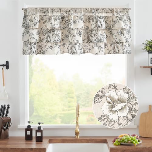 Jinchan DYMALS-3RFRP-5018C01 Ruffled Floral Valance Linen Shabby Chic Small Window Curtain 18 Inch Farmhouse Kitchen Valance For Bedroom Living Room Decor Cottage Rustic Window Treatments Valance 1 Panel Black thumb #1