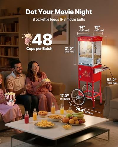 Image of VEVOR Popcorn Machine with Cart, 8oz Stainless Steel Kettle, 800W Commercial Popcorn Maker, 48 Cups per Batch Theater Style Popper, with 2-Button Control Glass Wall PC Door 1 Scoop 3 Spoons, Red