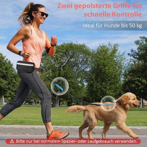 Joggingleine Hunde,Freihändig,Verstellbarer Bauchgurt hundeleine, Zwei gepolsterte Griffe,Stoßdämpfende, elastische,Abnehmbare reflektierende Hüfttasche,Joggen/Laufen Für Hunde bis 50 kg,Schwarz