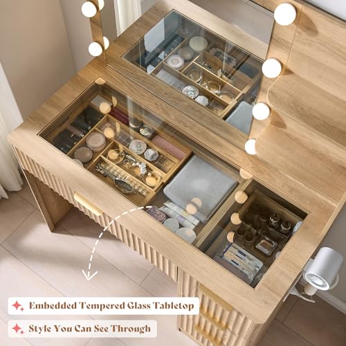 Image of AMERLIFE 36.2 inch Fluted Vanity Desk with Mirror and Adjustable LED Lights, Large 4 Drawers Makeup Table with Glass Top and Charging Station for Women and Girls, Bedroom or Dorm, Natural Oak