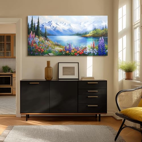 crmotu Lake Wildflowers Large Wall Art, Snow Mountain Forest Wall Decorations, Nature Landscape Canvas Art Prints, Rustic Bright Pictures Wall Decor Living Room Bedroom Farmhouse Kitchen 30x60 Inch