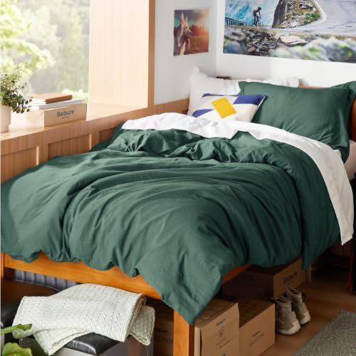 Image of Bedsure Prewashed Twin Duvet Cover, Cotton-Like Bedding Set, Forest Green | Ultra Soft, Relaxed Texture, Twin XL Breathable Comfort, Hidden Zipper, 8 Corner Ties, Easy Care, OEKO-TEX, Year-Round Use