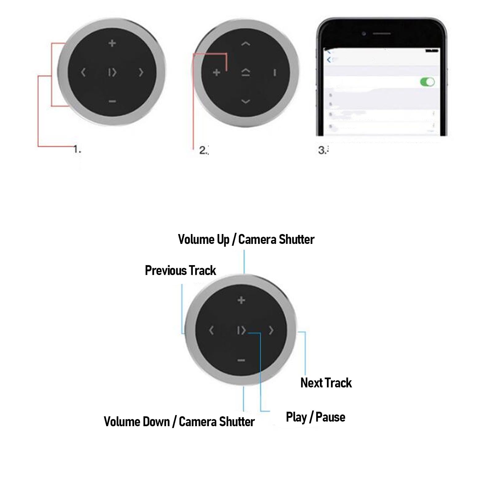Control Remoto Inalámbrico Bluetooth para Música Y Selfies con Soporte para Volante para Coche. Reproducir Música, Pausar, Saltar, Ajustar Volumen.