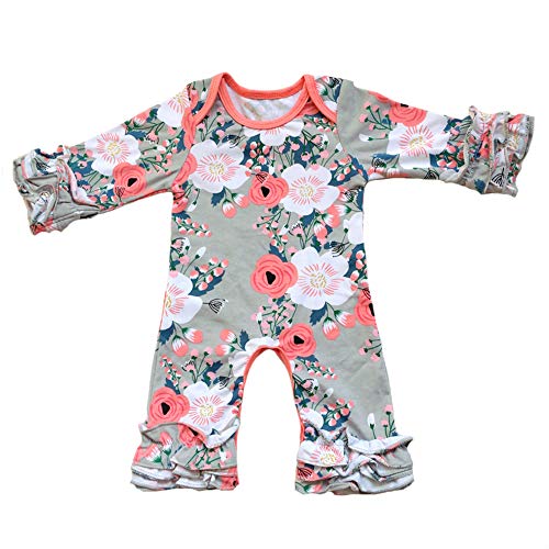 OwlFay Toddler Little Girls Baby Christmas Romper Icing Ruffle Bottoms Long Sleeve Jumpsuit Playwear Pants Floral Printed Romper Summer Fall Birthday Outfits Party Clothes Gray Floral 3-6 Months