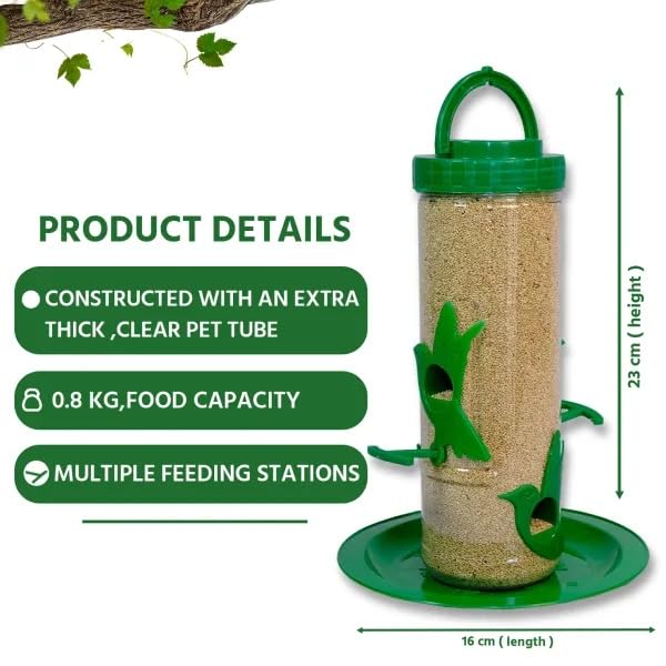 Image of Amijivdaya Medium Hanging Bird Feeder for Garden Balcony | 4 Feeding Ports | 700g Seed Capacity | Food-Grade Plastic | Easy Refill & Weatherproof (Green, Pack of 2)