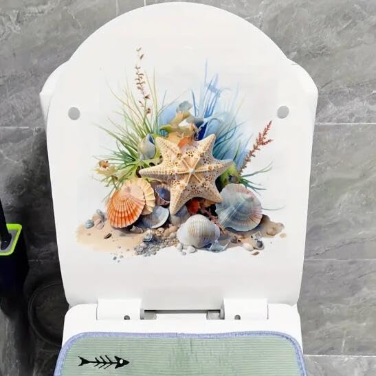 Ocean Shell Starfish Coral Toilet Cover Sticker Decals Waterproof Toilet Lid Tank Seat Decals Cistern Self-Adhesive Bathroom Wall Sticker