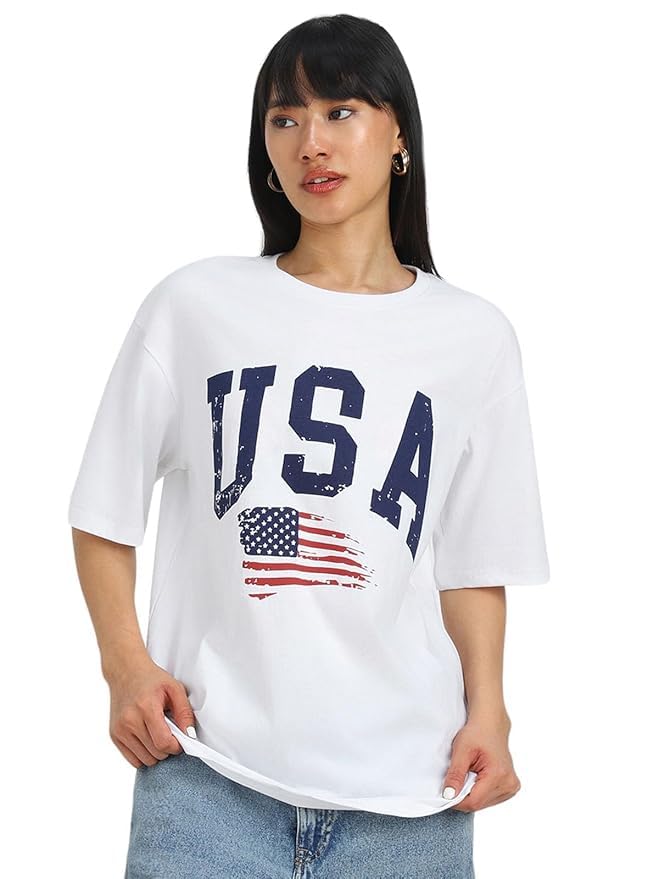 Women's Oversized USA Graphic T-Shirt, White, Round Neck, American Flag Print, Casual Style-picture-11