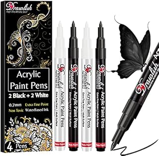 Acrylic Paint Pens, Black & White Pen Set of 4 Glass Paint Markers 0.7mm Extra Fine Tip | Ideal for Wood, Fabric, Porcelain, Ceramic, Stone, Rock Painting and more