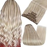 Fshine Blond Clip Extensions Echthaar 120 Gramm Echthaar Haarteil 100% Menschen Haar Für Damen Aschblond Verblasst Zu Mittelblond Mit Platinblond Haarverlängerung Echthaar Clip Glatt 35cm 7 Pcs
