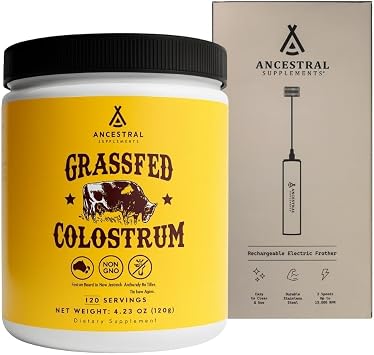 Ancestral Supplements Colostrum Bundle & Frother Wand Grass Fed, Pasture Raised Organ Blend with Bioactive Colostrum, Rechargeable Electric Frother Wand Double Whisk, Stainless Steel