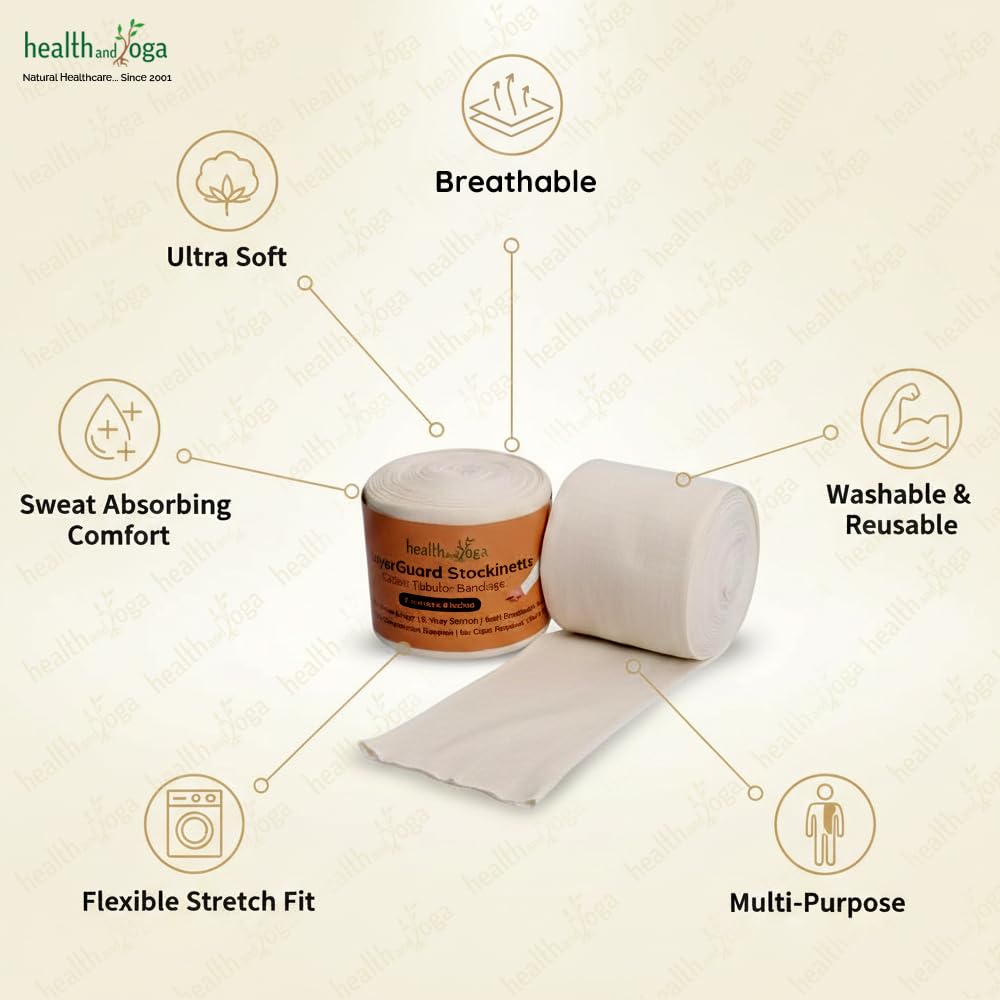 HealthAndYoga® LayerGuard Cotton Stockinette- Off-White (Roll-5 meter, Sleeve-4 inches)- Tubular Stretch Bandage for Arms & Legs- Fracture Plaster Dressing Layer, Absorbs Sweat, Sprain support- Cut & Wear 3