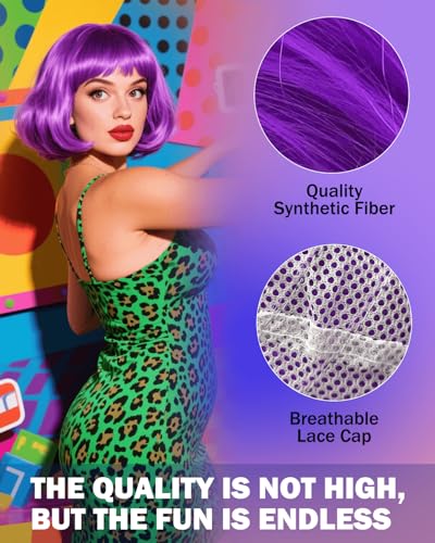 Image of Colorful Bob Wigs with Heart Sunglasses, Neon Colored Funny Wigs for Party