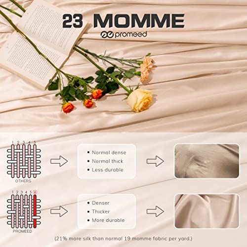 Promeed 23 Momme Silk Sheets King Set, Oeko Certified, Includes Flat Sheet, Deep Pocket Fitted Sheet And Pillowcases Mulberry Silk 4-Piece Bedding Set (Champagne, King) #TOP2