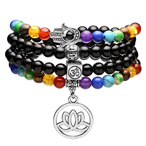 Top Plaza 108 Mala Prayer Beads 7 Chakra Healing Crystals Yoga Meditation Stretch Bracelets Natural Black Obsidian Gemstone Beads Wrap Bracelet Necklace