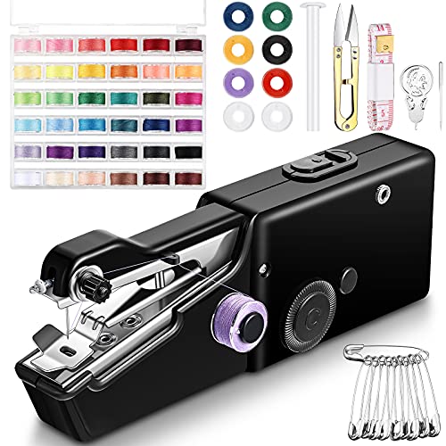 61 Pieces Hand Sewing Machine, Mini Handheld Sewing Machine Electric Handy Sewing Machine Single Handheld Sewing Machine with Sewing Threads Tools for DIY Clothes Fabrics Home Travel (Black)