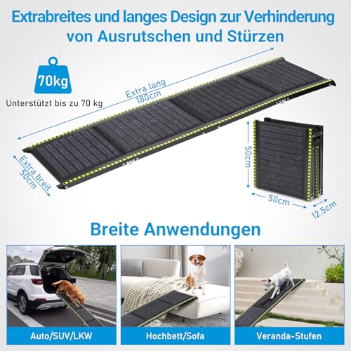 FASRIOU 180cm Extra Lang & 50cm Extra Breit Hunderampe Auto Klappbar, Hunderampe für Große Hunde bis 70 kg, Leichte Hundetreppe mit Rutschfester Teppichoberfläche, Hunderampe für Auto, SUV,LKW