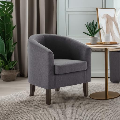 Image of BELLEZE Living Room Chair, Linen Round Accent Barrel Chair, Club Tub Sofa Chair for Bedroom, Corner Chair with Flared Legs and Cozy Soft Padding - Highland (Gray)