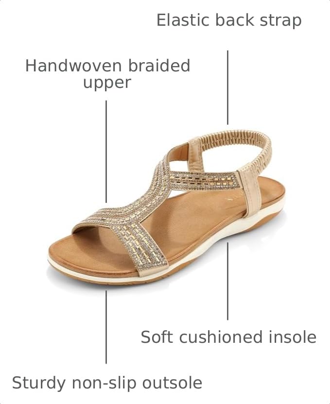 Image of UBFEN Flat Sandals For Women Dressy Arch Support Comfortable Casual Sandal With 2026 Rhinestone Braid Elastic Strap Summer Vacation