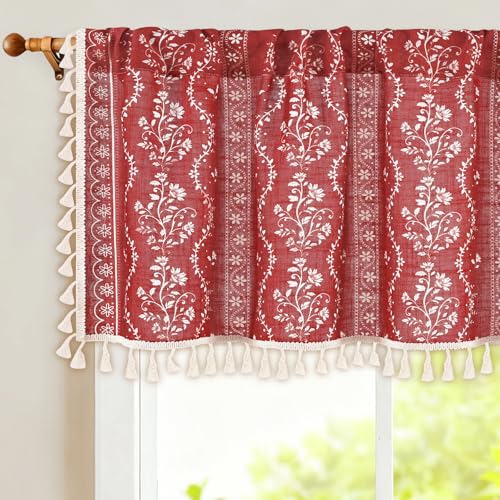 Image of Yinhua Boho Valance Curtains Vintage Linen Red Kitchen Valances for Windows Light Filtering Bohemian Floral Valance Rod Pocket Farmhouse Tassel Window Valances for Bathroom Cafe, 52 inch W X 18 inch L