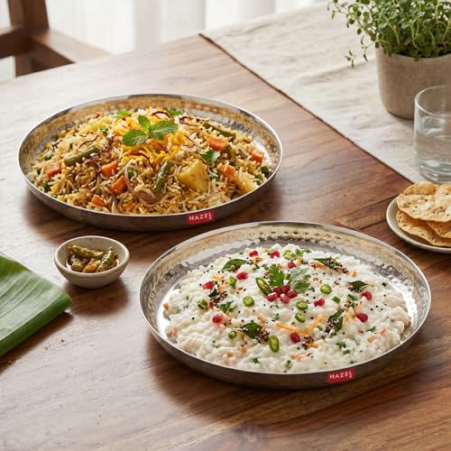 Image of HAZEL Stainless Steel Lunch Plate 25.5cm, Pack of 2 | Plate with Hammered Style Side Walls | Daily Use Dinner Plate Food Serving Plate for Restaurant Thali