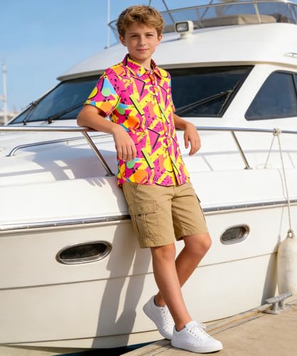 Image of uideazone Boys Hawaiian Shirts Novelty Printed Funky Short Sleeve Button Down Shirt Kids Aloha Luau Shirt 7-14T