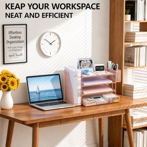 Image of OPNICE Desk Organizers and Accessories, 4-Tier Desktop File Organizer with Drawer and Pen Holders, Office Desk Accessories Workspace Organizers for Office Supplies (Rose Gold)
