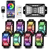 8 Pods Full Angle RGB Rock Lights Compatible with 12V Trucks Jeep UTV SUV ATV Boat Golf Cart, Waterproof, Multi-Color,Brake Light, App/Remote Control Led Rock Lights with Music Mode