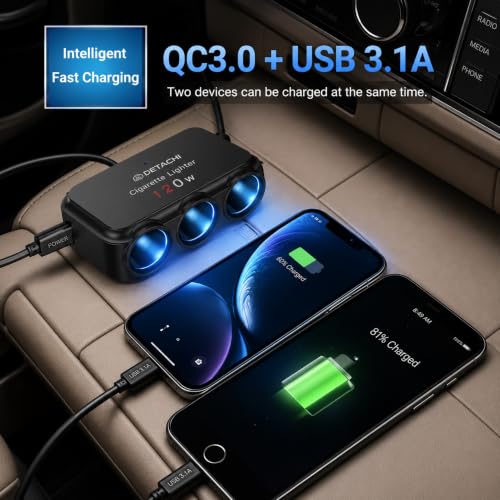 Image of DETAHI Car Cigarette Lighter Splitter with 3 Socket Power Outlet, USB QC 3.0 PD Type C Charging Port, 120W Max Power, 12V-24V Compatible for Car, SUV & Truck (Cable Extension)