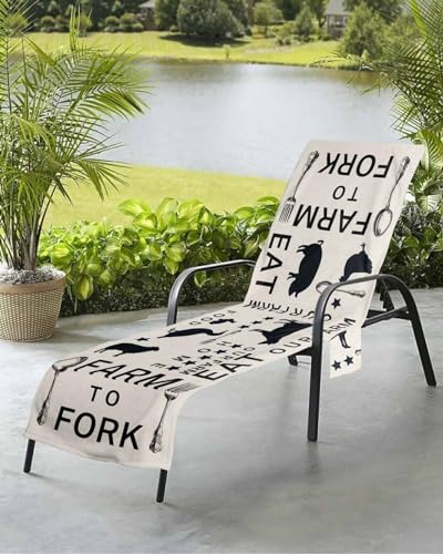 Beach Pool Patio Lounge Chaise Chair Cover Towel with Pockets,Farmhouse Beige Absorbent & Quick Dry Microfiber Towel Cover Bag Summer Travel Accessories Country Cow Star Pig Chicken Duck Rabbit