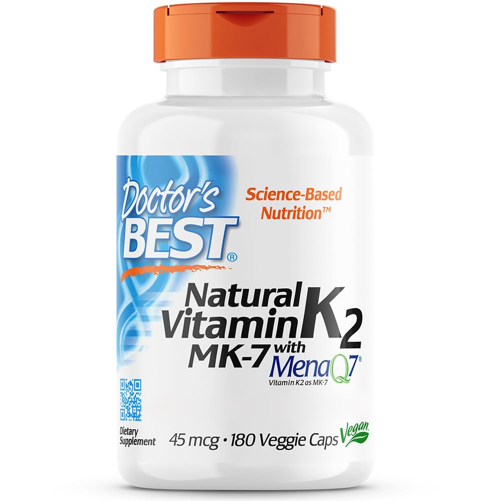Doctor's Best, Natural Vitamin K2, MK-7 con MenaQ-7, 45mcg, 180 Capsule vegane, Testato in Laboratorio, Senza Glutine, Senza Soia, Vegetariano