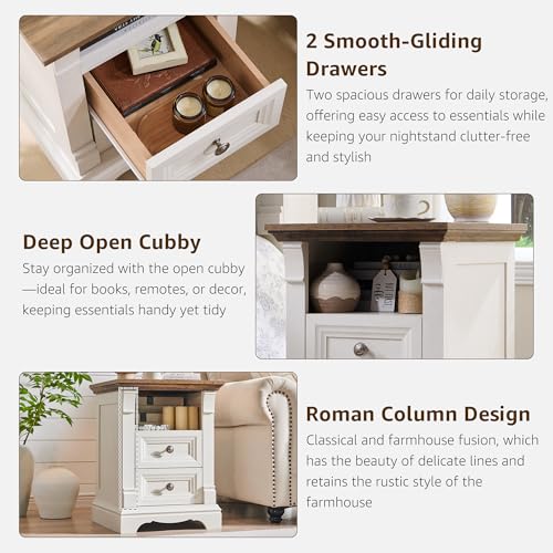 Image of Farmhouse Nightstand with Charging Station 18 inchWood End Table w /Roman Column