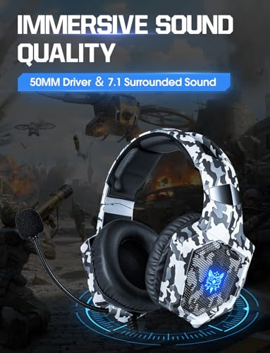 Image of Nanddi Gaming Headset with Microphone, Gaming Headphones for PS4 PS5 Xbox One PC with LED Lights, PlayStation Headset with Noise Reduction 7.1 Surround Sound Over-Ear and Wired 3.5mm Jack (White)