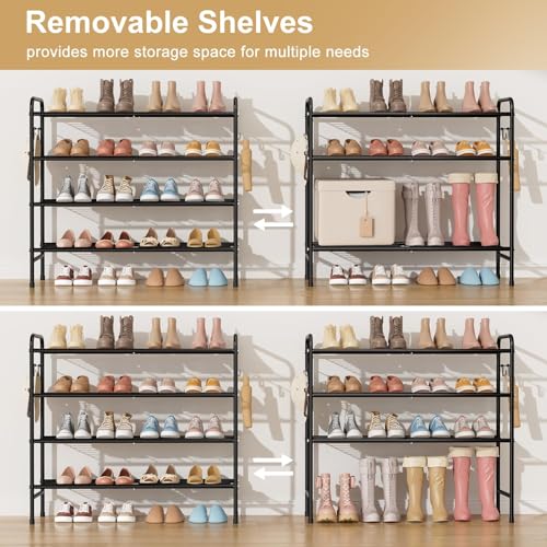 Image of VILICK 4-Tier Shoe Rack 33 inch Wide Metal Shoe Organizer Long Shoe Storage with 4 Side Hooks Sturdy Shoes Shelf for Closet, Front Door Entrance, Garage, Dorm, Black