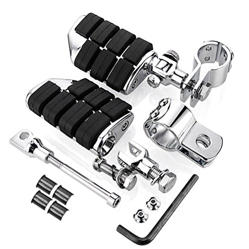 Astra Depot 2pcs Chrome Billet Dually Foot Rest Highway Pegs + 1-1/4" Mount Clamp Kit For Harley Honda Suzuki Kawasaki Yamaha