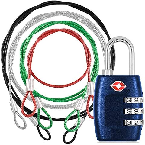 DanziX TSA Approved Lock and 4 Colors Stainless Steel Safety Tether，3-Dial Combination Travel Luggage Lock with Lanyard Security Cable for Protect Your Different Sizes of Suitcase,Baggage-Deep Blue Cover