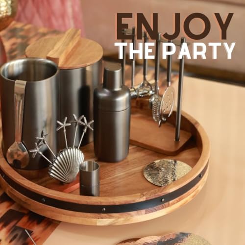 Image of THE Empty Space Full Bar Set - Cocktail Shaker, Ice Bucket, Wine Cooler, Peg Measurer. Home Bar Accessories Made of Stainless Steel in Nickle Finish with Acai Wood. Perfect Bartending Kit