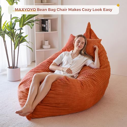 Image of MAXYOYO Giant Bean Bag Chair with Pillow, 3 in 1 Convertible Bean Bag Chair for Adults with Washable Cover, Removable Floor Cushion Stuffed Floor Lounger for Living Room Bedroom, Orange, Full