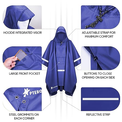 Image of PTEROMY Hooded Rain Poncho for Adult with Pocket, Waterproof Lightweight Unisex Raincoat for Hiking Camping Emergency