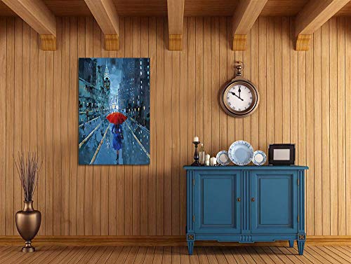 Ardemy Canvas Wall Art Modern Blue New York Cityscape Painting Picture, Lady With Red Umbrella Street Scenery One Panel Framed 24"X36" For Living Room Bedroom Home Office Decoration #TOP6
